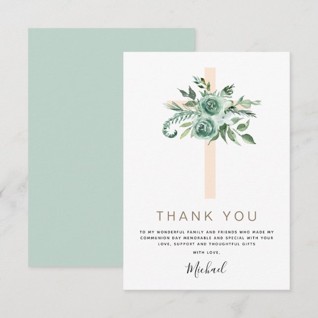 First Holy Communion Thank You Sage Eucalyptus Inv Card (Front/Back)