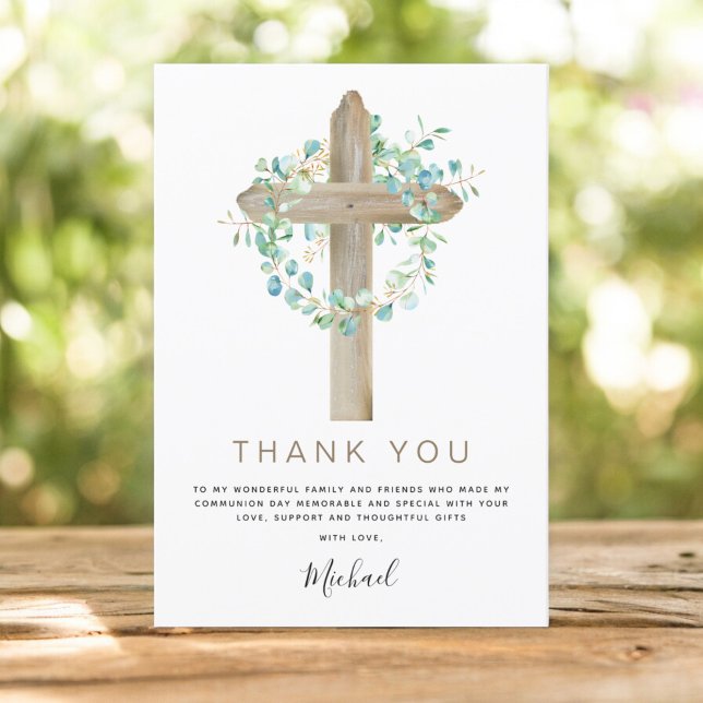 First Holy Communion Thank You Sage Eucalyptus Inv Card (Creator Uploaded)