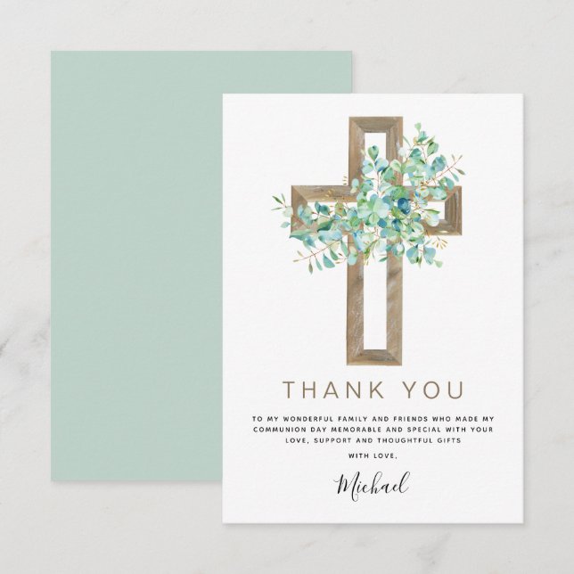 First Holy Communion Thank You Sage Eucalyptus Inv Card (Front/Back)