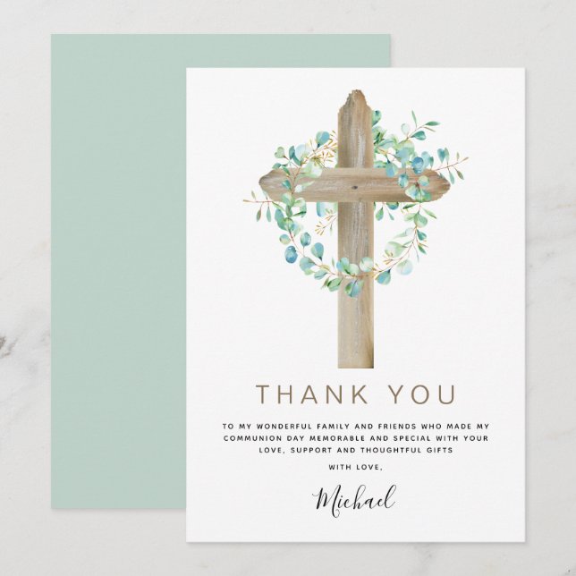 First Holy Communion Thank You Sage Eucalyptus Inv Invitation (Front/Back)