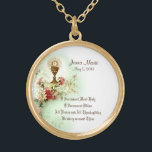 First Holy Communion Traditional Catholic Floral Gold Plated Necklace<br><div class="desc">This is a beautiful traditional Catholic vintage image of the Sacred Host (Communion) above the chalice with spring flowers. Text and fonts may be modified. We also offer matching Communion invitations, cards, favors, stickers, etc., with this design. Visit the Shower of Roses Shoppe on Zazzle and browse our large First...</div>