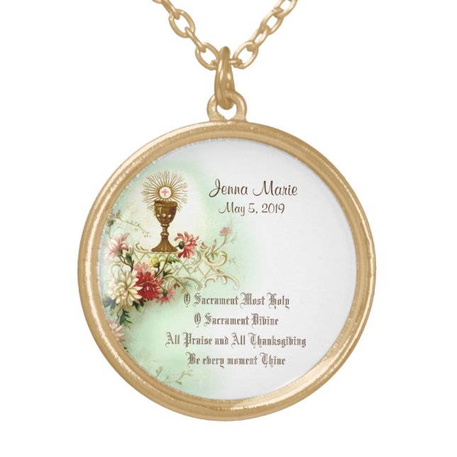 First Holy Communion Traditional Catholic Floral Gold Plated Necklace (Front)