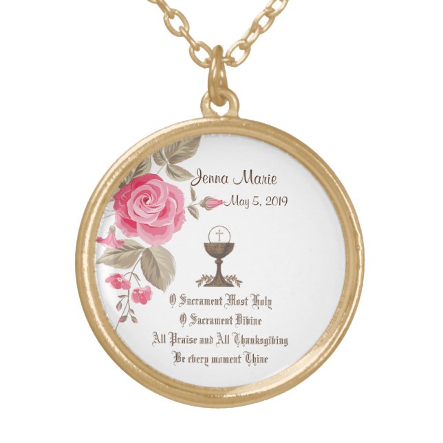 First Holy Communion Traditional Catholic Floral Gold Plated Necklace (Front)