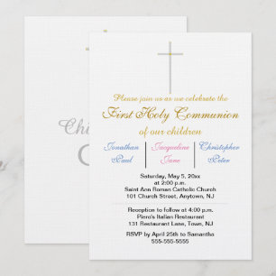 First Holy Communion Triplets Gold Blue Pink Invitation