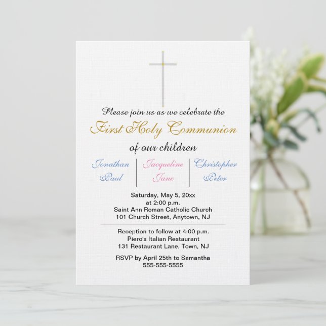 First Holy Communion Triplets Pink Blue Gold Invitation (Standing Front)