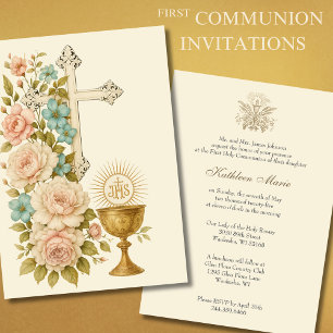 First Holy Communion Vintage Floral Invitation