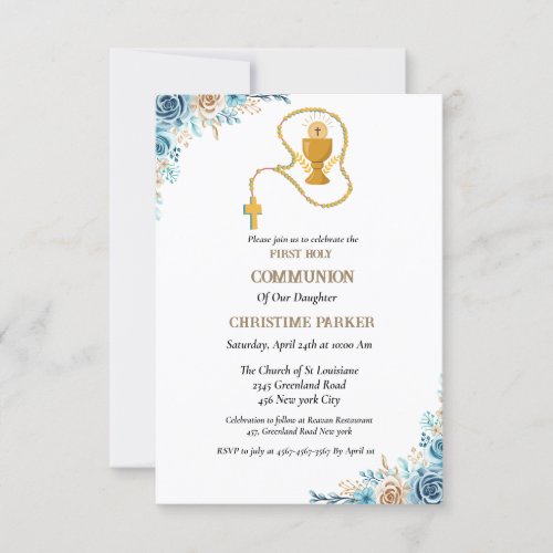First holy communion  watercolor blue floral invitation