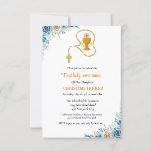 First holy communion  watercolor blue floral invitation