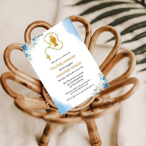 First holy communion  watercolor blue floral invitation