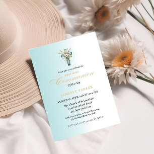 First holy communion watercolor blue splash invitation