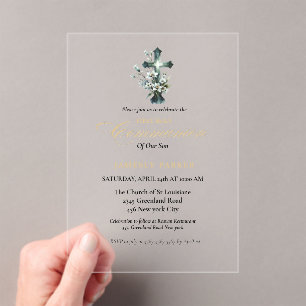 First holy communion watercolor Floral Cross Acrylic Invitations