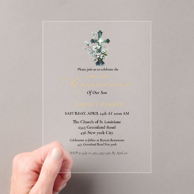 First holy communion watercolor Floral Cross Acrylic Invitations (Insitu (Handheld))