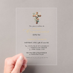 First holy communion watercolor Floral Cross Acrylic Invitations