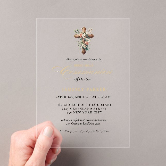 First holy communion watercolor Floral Cross Acrylic Invitations (Insitu (Handheld))