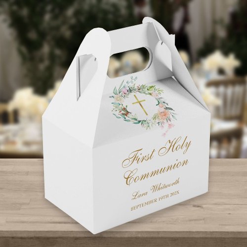 First Holy Communion Watercolor Floral Gold Script Favor Boxes