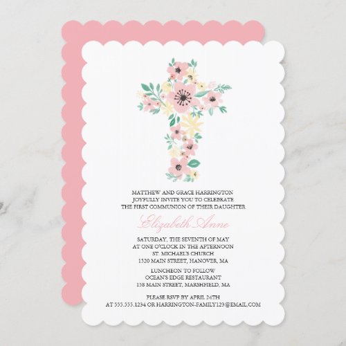First Holy Communion Watercolor Flower Cross Invitation