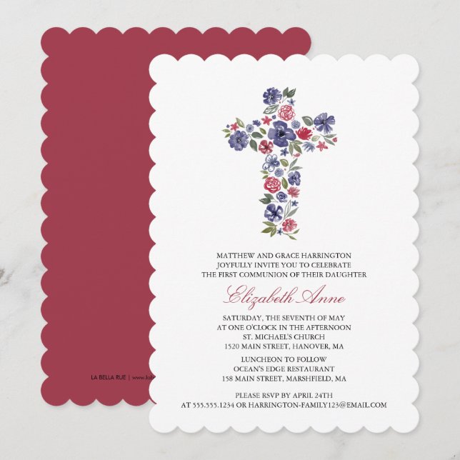 First Holy Communion Watercolor Flower Cross Invitation (Front/Back)