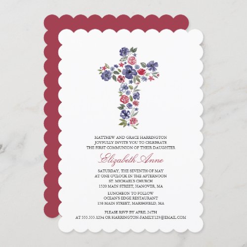 First Holy Communion Watercolor Flower Cross Invitation