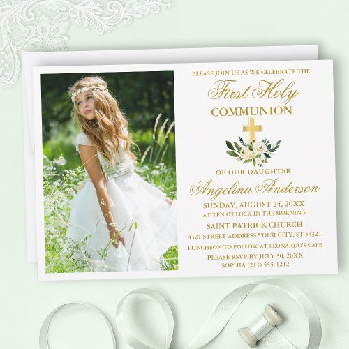 First Holy Communion Watercolor Green Floral  Invitation