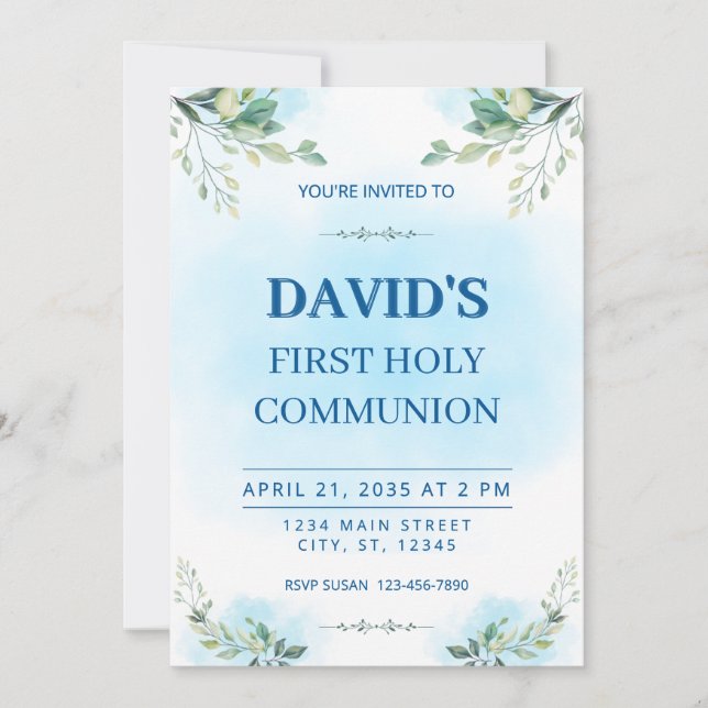 First Holy Communion Watercolor Greenery Blue  Invitation (Front)