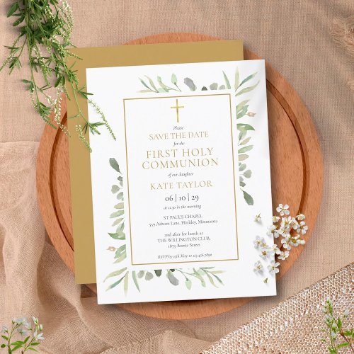 First Holy Communion Watercolor Greenery Save The Announcement Postcard