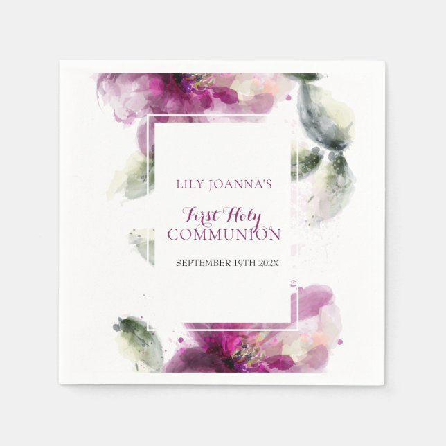 First Holy Communion Watercolor Lily Floral Napkins (Front)