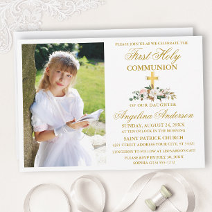 First Holy Communion Watercolor Magnolia Gold Invitation