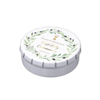 First Holy Communion Watercolor Olive Wreath  Candy Tin by lucykitty at Zazzle