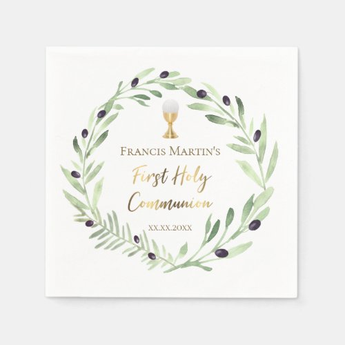 First Holy Communion watercolor olive wreath  Napkins
