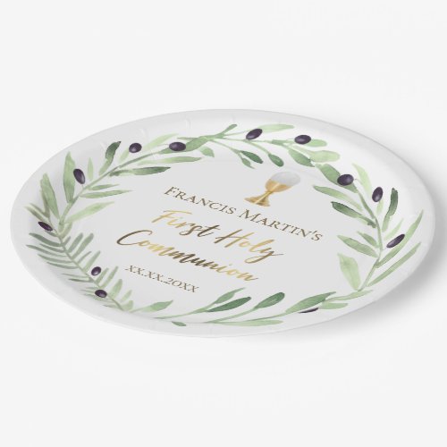 First Holy Communion watercolor olive wreath  Paper Plates
