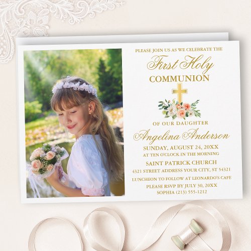First Holy Communion Watercolor Peach Floral Gold Invitation