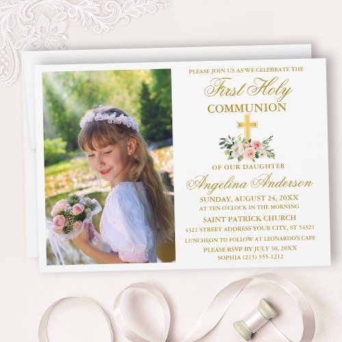 First Holy Communion Watercolor Pink Floral Gold Invitation