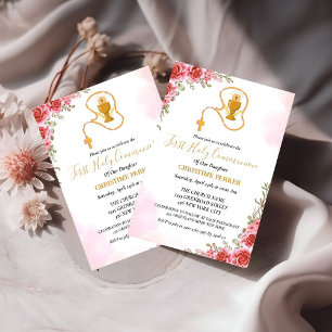 First holy communion watercolor Pink floral Invitation