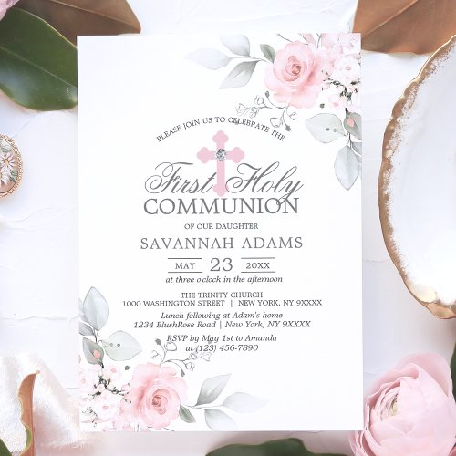 First Holy Communion Watercolor Pink Rose Girl Invitation