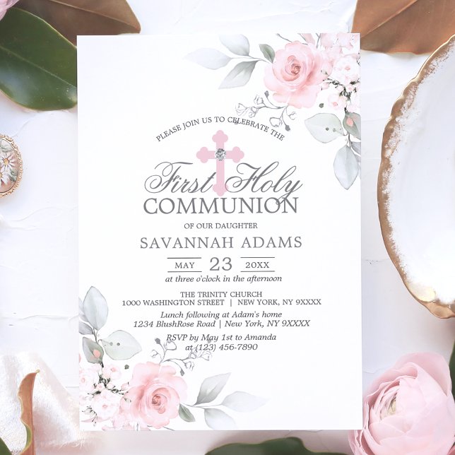 First Holy Communion Watercolor Pink Rose Girl Invitation (Creator Uploaded)