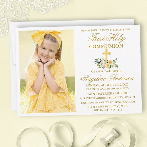 First Holy Communion Watercolor Yellow Floral Gold Invitation