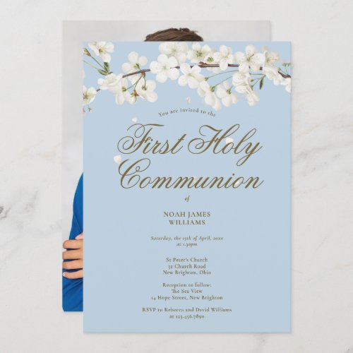First Holy Communion White Blossom Blue Photo Invitation
