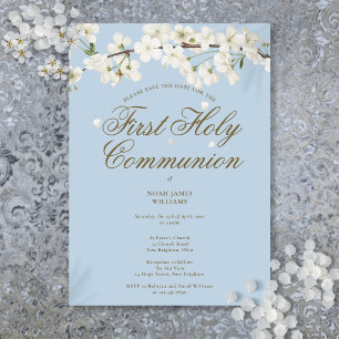 First Holy Communion White Blossom Floral Blue Save The Date