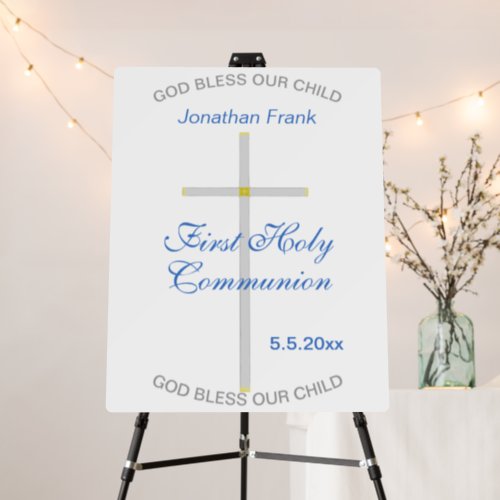 First Holy Communion White Blue Name Silver Cross Foam Board