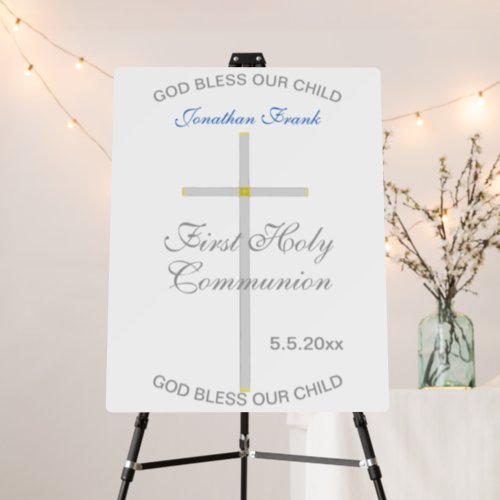 First Holy Communion White Blue Name Silver Cross Foam Board