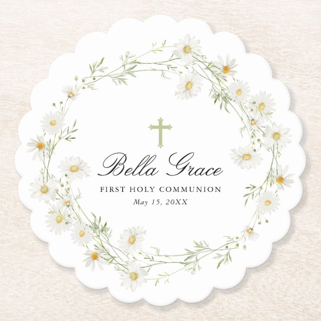 First Holy Communion White Daisy Floral Custom Paper Coaster (Front)