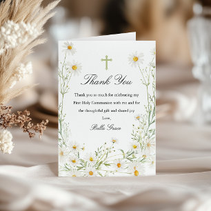 First Holy Communion White Daisy Floral Folded Letterpress Thank You Card