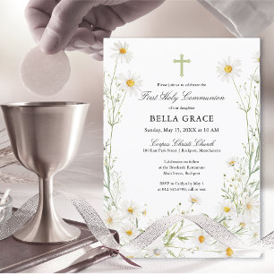 First Holy Communion White Daisy Floral Invitation