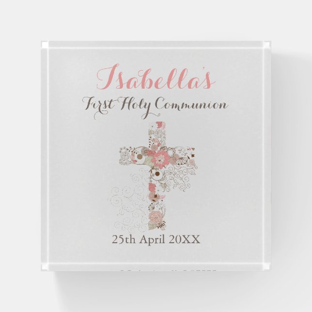 First Holy Communion white floral cross  Paperweight (Front)