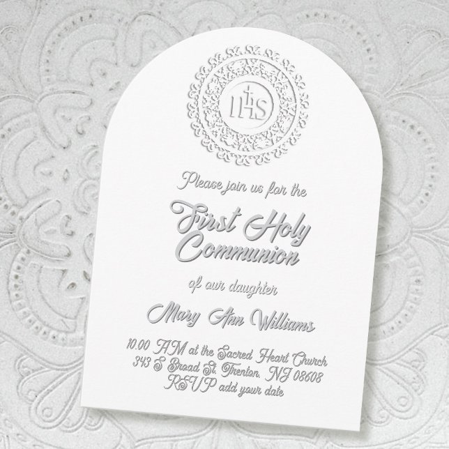First Holy Communion white grey shadow text Invitation (Creator Uploaded)