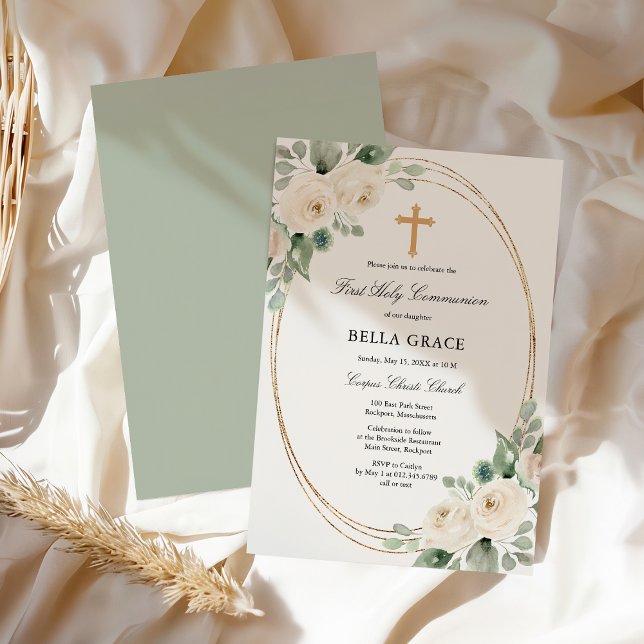 First Holy Communion White Rose Floral Invitation (Creator Uploaded)