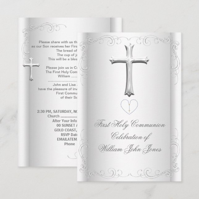 First Holy Communion White Silver Neutral girl/boy Invitation (Front/Back)