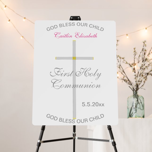 First Holy Communion White Silver Pink Name Foam Board (In Situ (Stand))