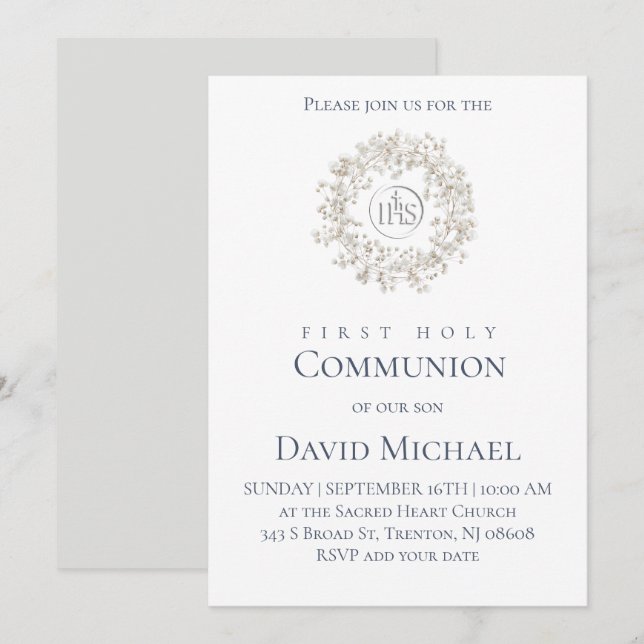 First Holy Communion white wreath Invitation (Front/Back)