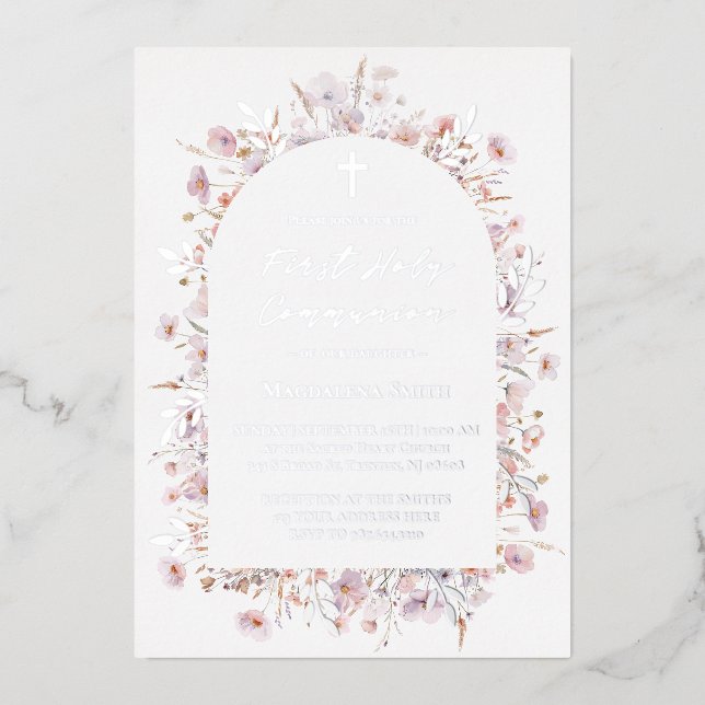 First Holy Communion wildflowers silver Foil Invitation (Front)